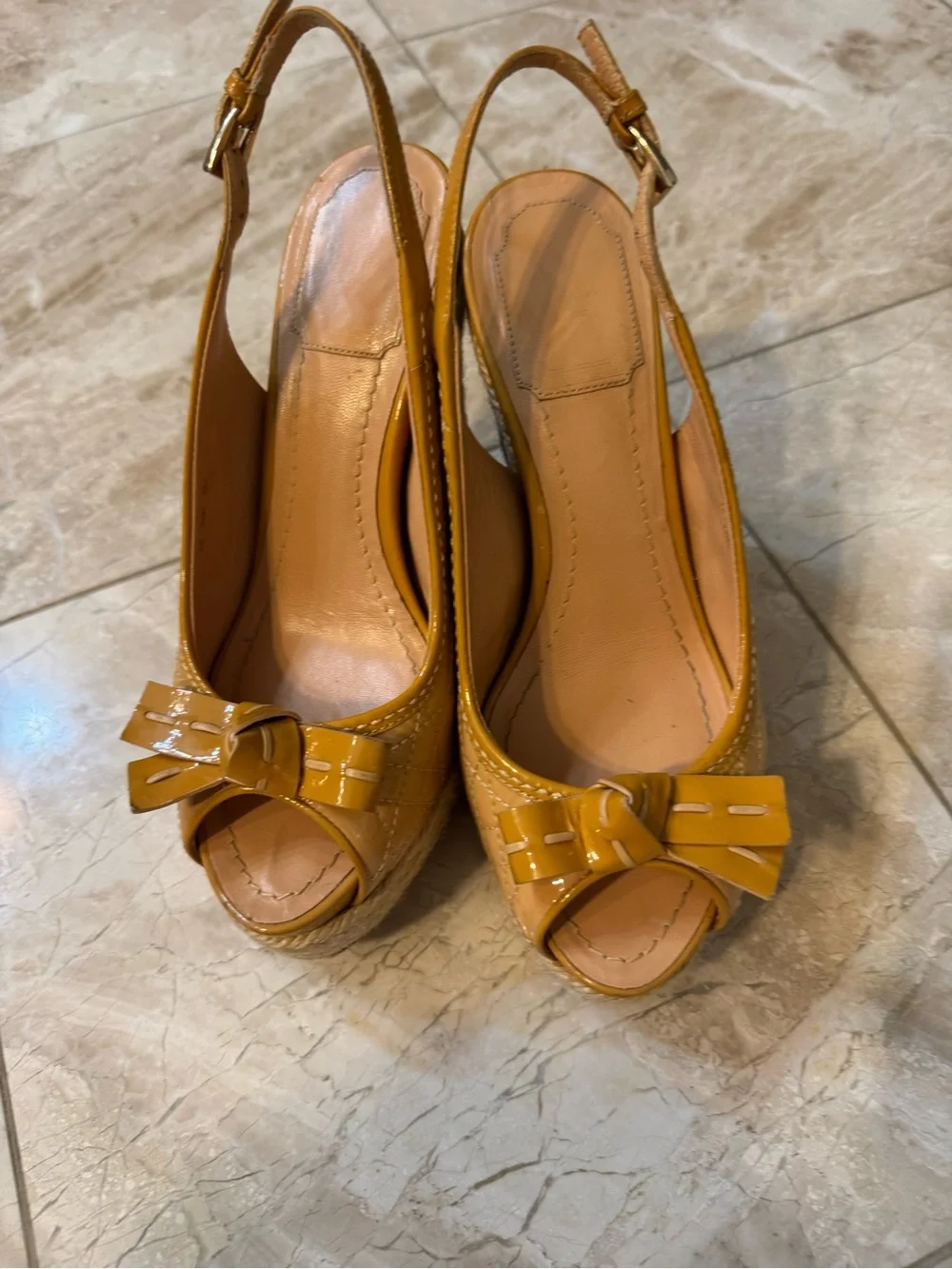 Vintage Christian Dior Mustard Yellow Peep-Toe Espadrille Wedges with Bow